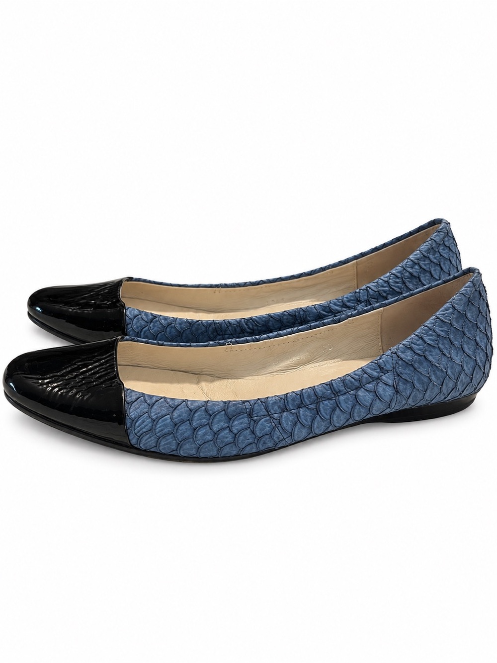 ALL BLACK Vintage Y2K Phoenix Blue Suede Fish Scale Patent Cap Toe Flats 39 8